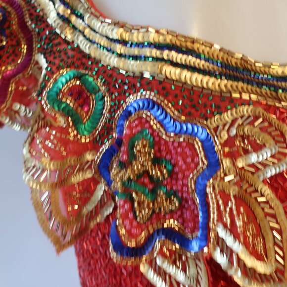 Womens Fabrice Silhouette Red Gold Beads Sequin Silk Satin Formal Gown Dress 10* - Picture 14 of 16